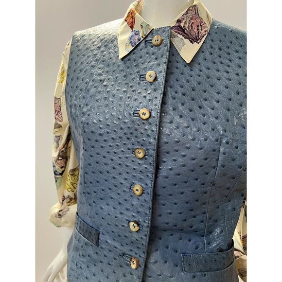 Hermes Womens Vest Blue Buttons Pockets Ostrich Leather Vintage 8 EUR 38 - Picture 6 of 12